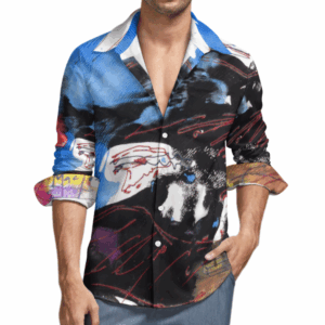 Model wearing the “Times of Change” Abstract Signature shirt—blue shoulders, black field, red linework, with color at the cuffs.