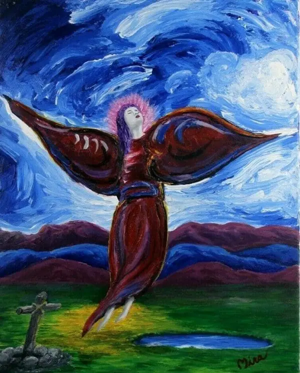 A pop art painting of an angel ascending to heaven.