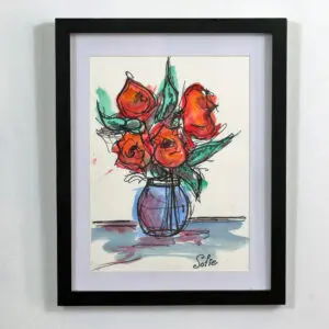 A watercolor painting of a four red roses bouquet.