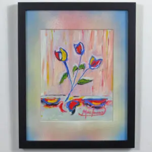 A painting of three abstract tulips in bold hues of red, yellow, and blue.