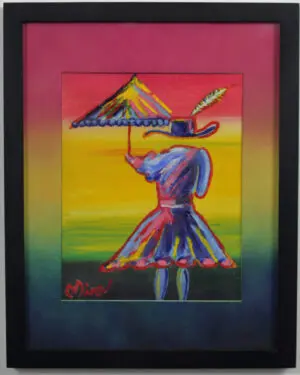 A pop art painting of a girl holding an umbrella. There is a space where he head would be a a fedora floats above the space.