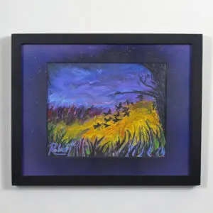 A yellow and blue painting of a wheatfield with crows flying out of it.