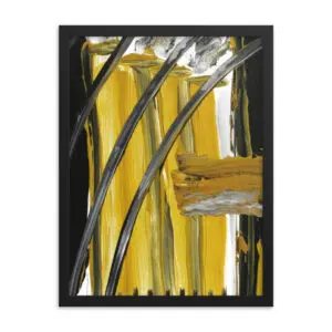 Four bold black curves sweep across vivid yellow, with white patches adding contrast, creating an energetic balance of chaos and structure.