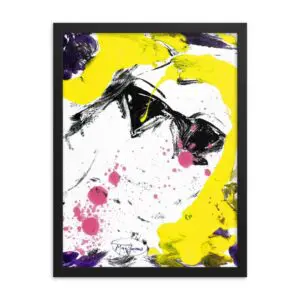 An abstract painting of a model with vibrant yellow hair and dark sunglasses. Has a purple background with black and pink.