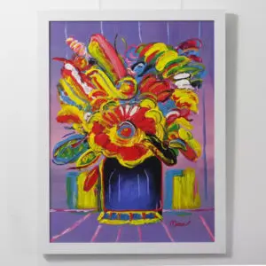 A pop art painting of a bouquet of red, yellow, blue, pink, and green flowers in a dark blue vase.