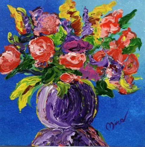 An acrylic painting of vibrant flowers in reds, purples, and yellows, set against a blue backdrop.