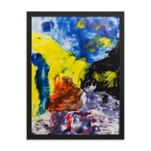 This is an abstract painting of Van Gogh's Café Terrace. The sky is blue and the café is yellow.