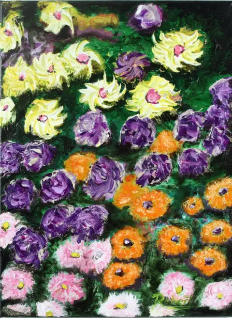A painting of a flower garden of with yellow, purple, orange, and pink flowers.