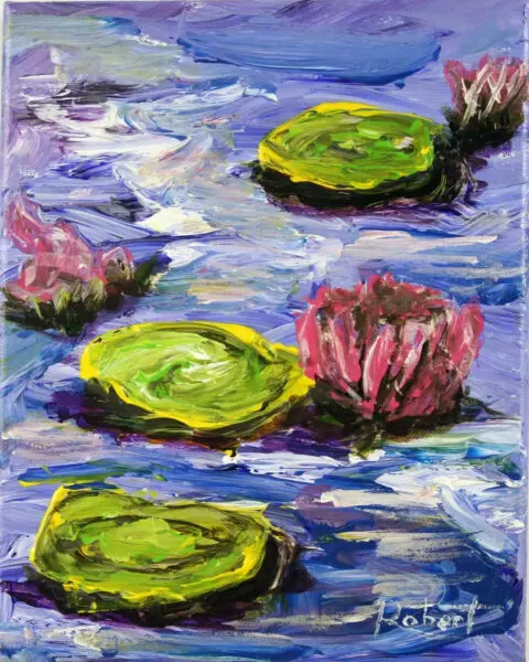 A painting with heavy brushstrokes of a lily pond with green lily pads and red flowers.