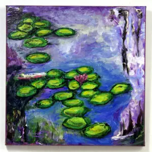 A painting of green lily pads floating on blue water.