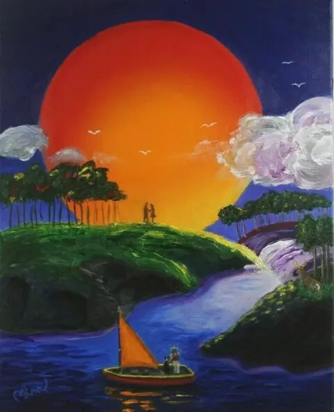 A pop art landscape painting of a large orange sun with a small man and woman's silhouette standing in front of it.