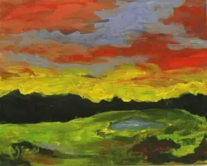 A landscape painting with a mountain sunset blending vivid hues of a striking sky with the earth below.