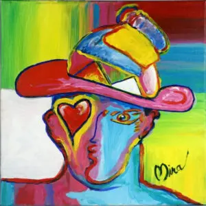 A painting of a man's head wearing a hat in red, blue, yellow, and green. He has a red heart shaped patch over his eye.