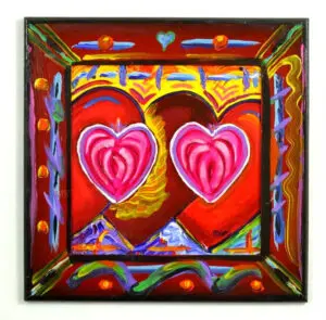 An acrylic painting featuring two bold pink hearts over a mirage of 3 intermingled red hearts.