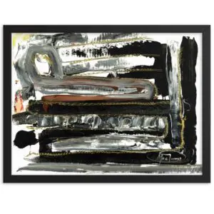 An abstract painting with bold abstract forms in black, white, brown, and grey, accented with touches of gold and red.
