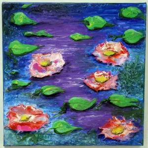 A lily pond painting using pink and white lilies, accented by bold green pads, and red flowers.