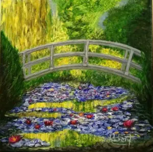 A painting of a lily pond garden scene with a Japanese bridge.