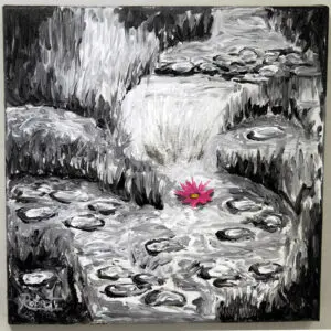 A Monet style painting in black and white of a flowing lily pond. There is a single pink flower at the center.
