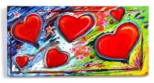 A painting of bold red hearts, swirling colors, and playful stars, creating a lively, celebratory atmosphere full of energy.