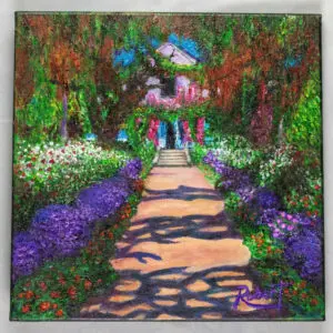 A painting of a pathway with many flowers lining it that leads to a house. There are also trees along the pathway.
