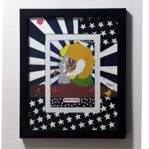 A framed art print of a pop art color profile with black and white geometric beams shooting out and white stars.