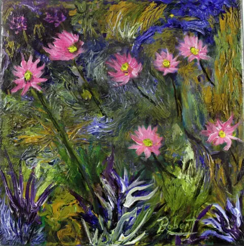 A painting of pink starshaped sunflowers amongst various shades of green grasses.