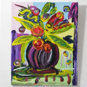 A pop art painting of a bouquet of flowers painted in red, yellow, green, and purple. The vase is purple and black.