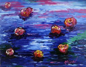 A pop art painting of a blue lily pond with red and yellow flowers.