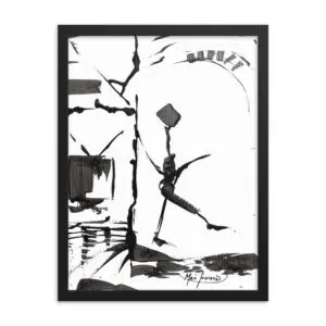 A black and white abstract painting of bold, brushstrokes that suggest a dancing figure in motion.