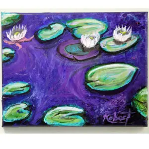 A painting of vibrant purples, soft greens, and white blossoms, evoking a serene aquatic lily pad scene with expressive brushstrokes.