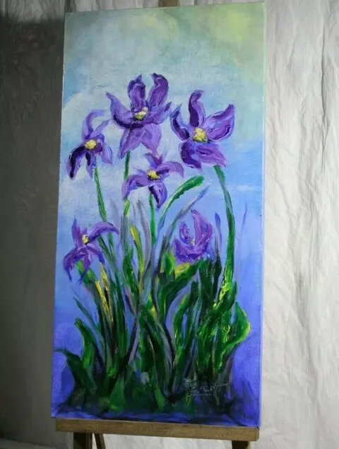 An impressionistic painting of purple irises with a blue sky background.