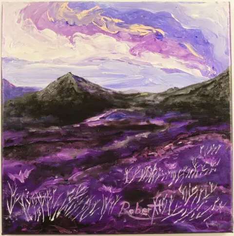 A painting of a mountainous landscape using purple and black. The sky mixes in smoky white.