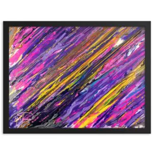 An abstract painting with bold diagonal streaks of purple, pink, yellow, and blue, contrasted by black and white.