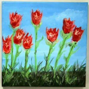 A painting of red tulips swaying in the breeze against a bright blue sky.