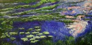 An impressionistic painting of a lily pond using blues and pinks that blend into the reflective water.