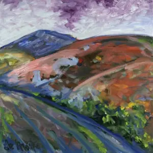 An impressionistic painting of rolling hills with a blue mountain in the background. The sky has purples and whites.
