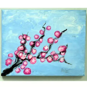 A painting of a Japanese Cherry tree limb with pink blossoms and a blue sky.