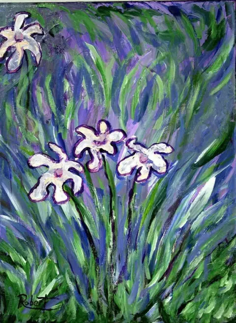 A Claude Monet painting of abstract Spring white flowers with defined brushstrokes of shades of purple and green.