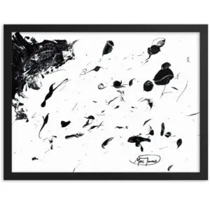 An abstract acrylic painting with bold black brushstrokes on white, inviting evolving interpretations.