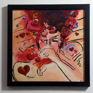 A pop art painting of a girl drawn with black outlines. The background is light cream with blended red.