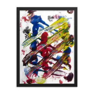 An abstract painting of bold, overlapping strokes of blue, red, yellow, green, and black.