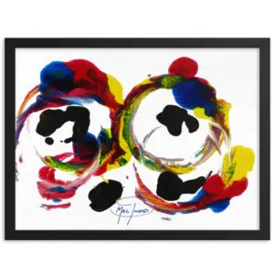 A painting of two abstract circular forms filled with splashes of red, blue, yellow, green, and black.
