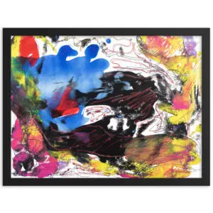 An abstract painting of splashes of blue, black, red, and yellow interwoven with swirling lines,