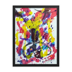 An acrylic abstract that immerses viewers in vibrant hues and dynamic energy, blending red, yellow, purple, blue, and black with bold brushstrokes and splatters.
