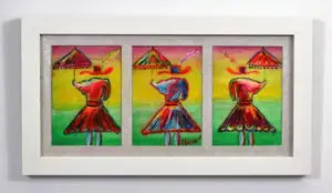 A framed triptych of luminous paintings of 3 pop art style girls holding umbrellas.