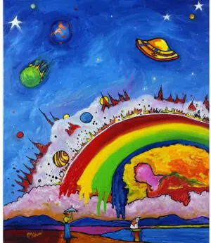 A Peter Max style painting with a vibrant rainbow, stars, planets, and a playful, surreal scene of shimmering waters.