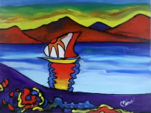 A pop art style painting of a sailboat on serene waters, with bold colors and abstract landscapes.