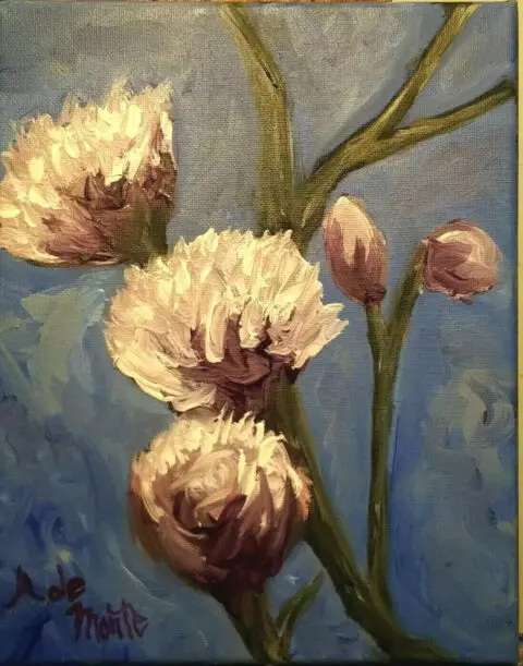 A painting with soft pink and white carnations with textured petals against a muted blue background.