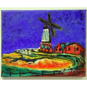 An acrylic painting of a windmill with a blue sky, with bold brushstrokes and rich colors capturing nature's dynamic essence.