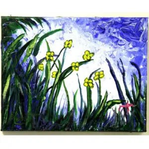 A painting of a garden landscape. The foreground features tall green grass interspersed with bright yellow flowers.